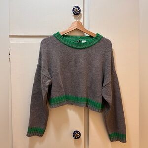 BDG Gray Cropped Crewneck Sweater with Green Trim